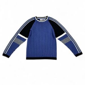 Y2K blue, black, grey and white color block stripe ribbed sweater